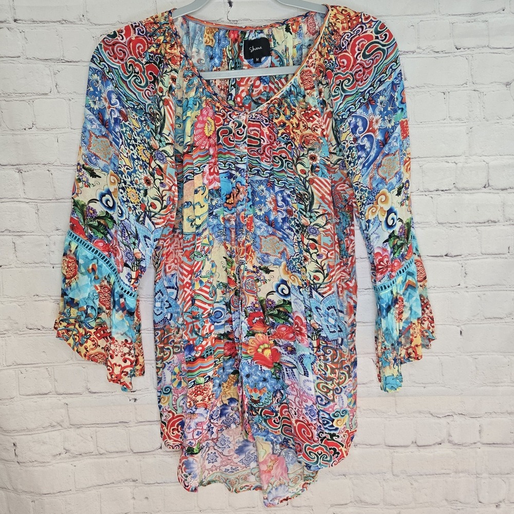 Shana 100% Silk Viscose Button Front Tunic Colorful Boho Lagenlook Artsy Travel